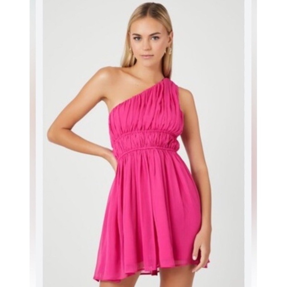 Forever 21 Mini Dress Magenta Lg One Shoulder Ruffled Top Zip ~33" Long Cotton